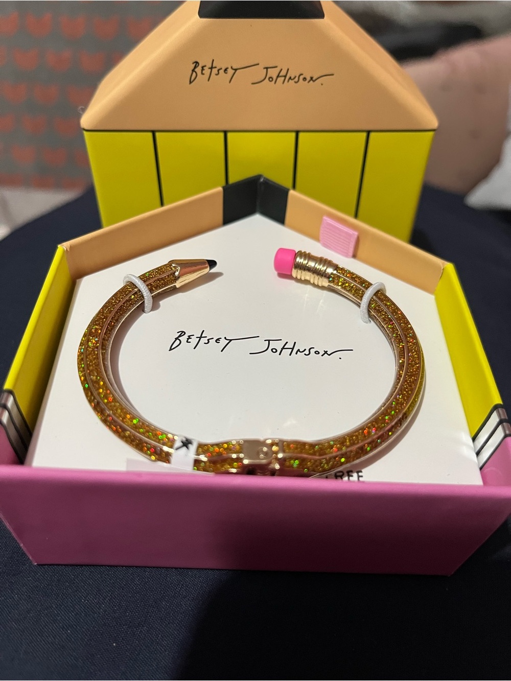 Betsey Johnson Gold Glitter Pencil Cuff Bracelet with Pink Eraser Tips